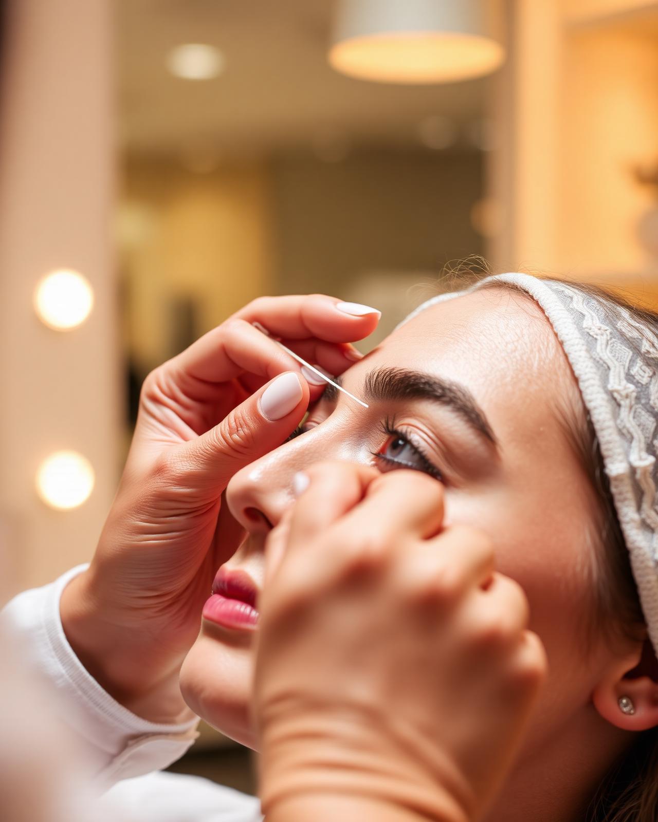 Esthetician shaping eyebrows with thread